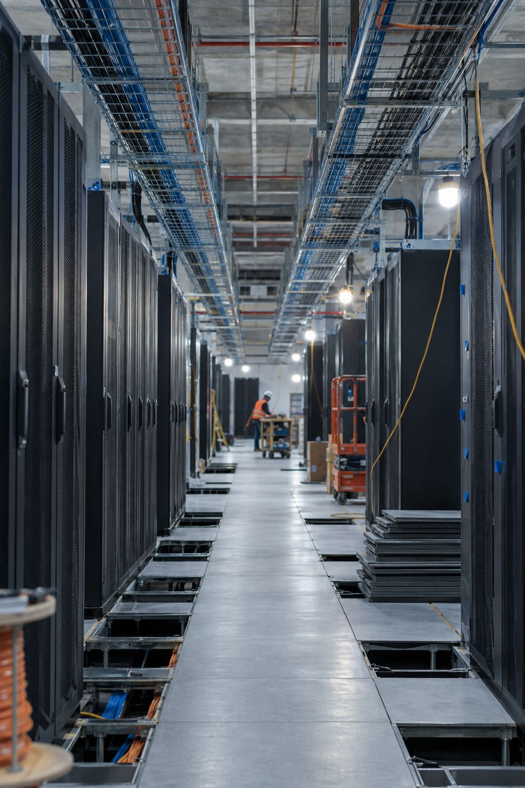 Interior aisle of a data center under construction with overhead cable trays