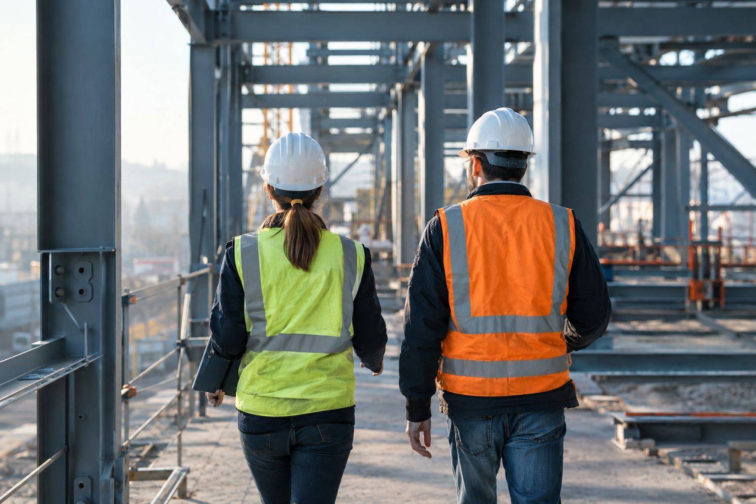 Two construction professionals in hard hats walking a steel structure, one holding a tablet