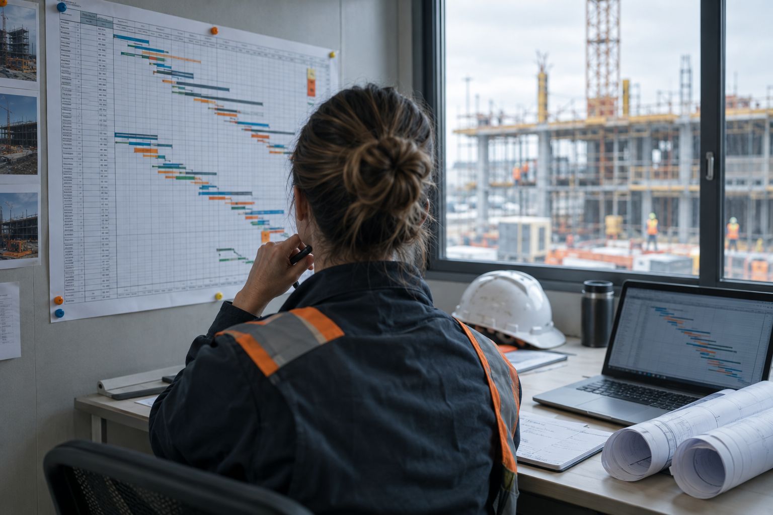 A scheduler reviewing a printed bar-chart schedule pinned to the wall of a construction site office